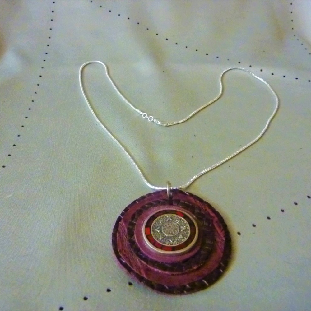 Vintage Mayan Calendar Sterling Silver & Coral 1"